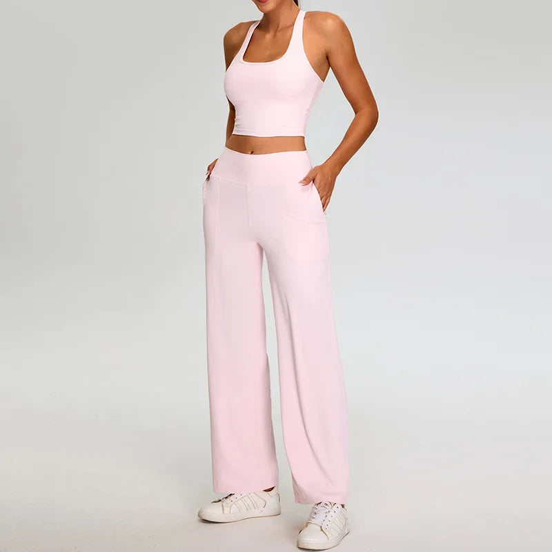 Conjunto de yoga com nervuras feminino, 2 peças, corrida e fitness, academia, treino, cintura alta, calças de yoga, sutiã de alto impacto