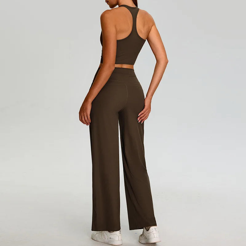 Conjunto de yoga com nervuras feminino, 2 peças, corrida e fitness, academia, treino, cintura alta, calças de yoga, sutiã de alto impacto
