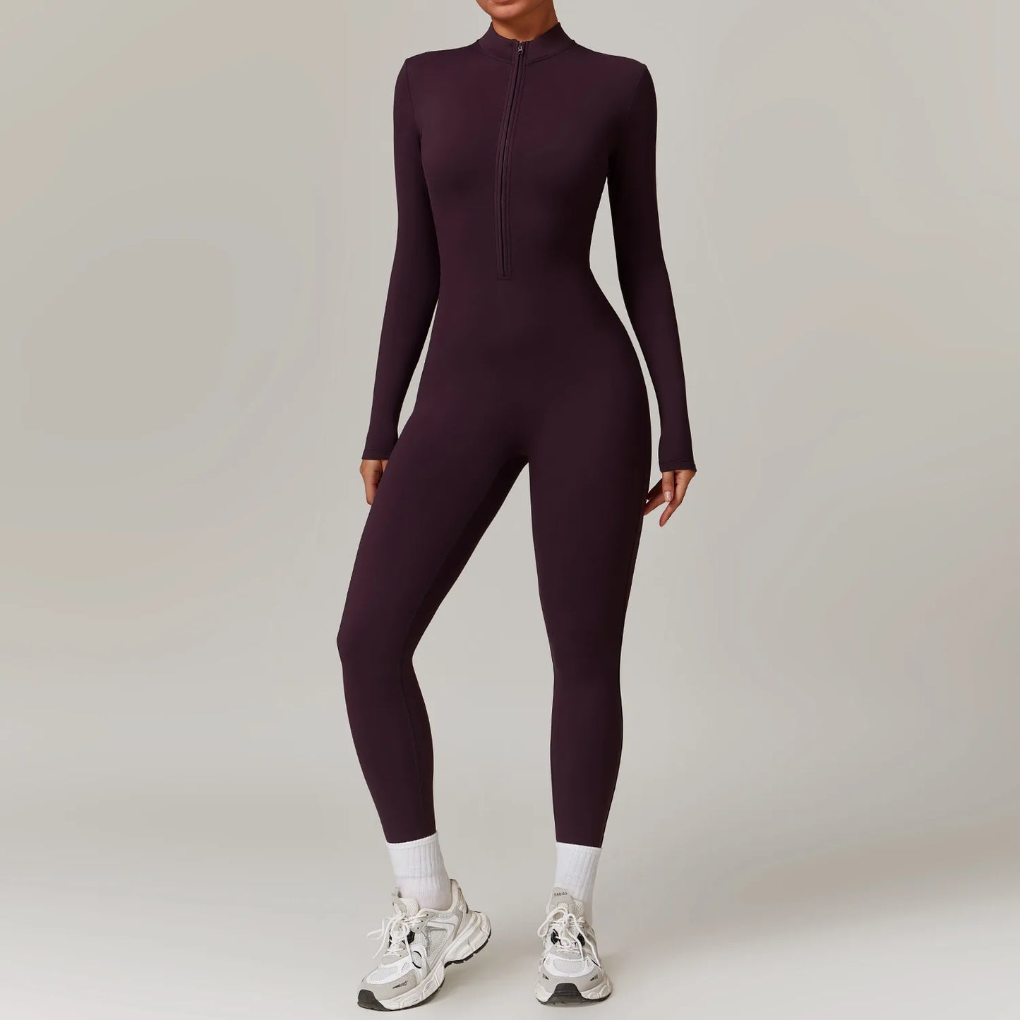 Macacão de yoga com zíper, manga comprida, peça única, roupa esportiva feminina, academia, treino, alta intensidade, fitness, vestuário apertado da pele