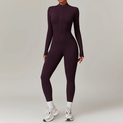 Macacão de yoga com zíper, manga comprida, peça única, roupa esportiva feminina, academia, treino, alta intensidade, fitness, vestuário apertado da pele