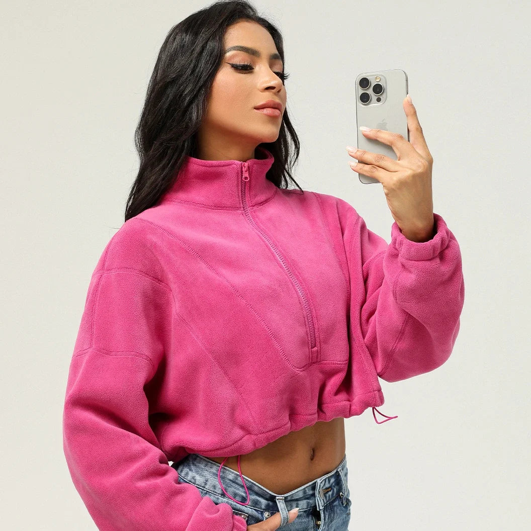 Jaqueta curta de lã com zíper completo feminino inverno quente manga longa gola sherpa casaco de colheita fitness correndo topo moletom casual