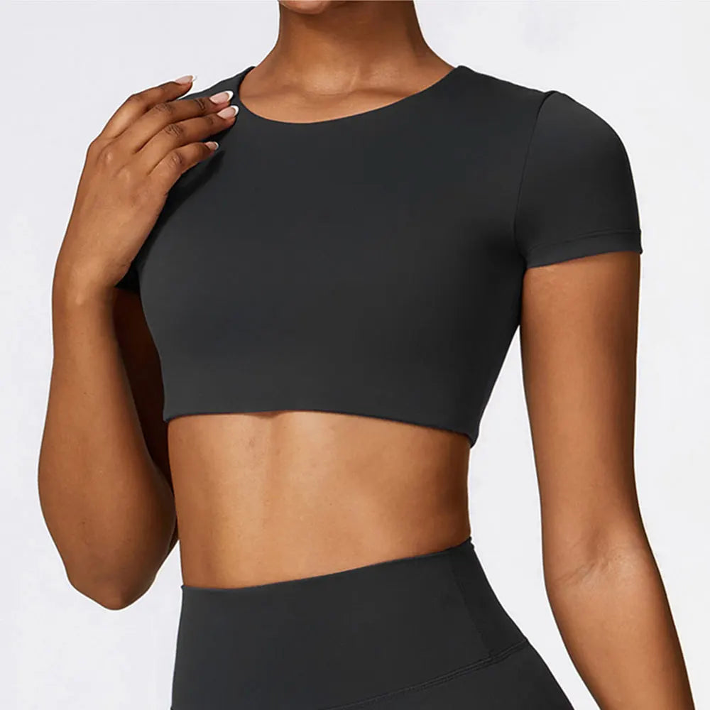 Mulher esportes topo em torno do pescoço yoga colheita topo de manga curta para fitness push up treino camiseta topos roupas de ginásio