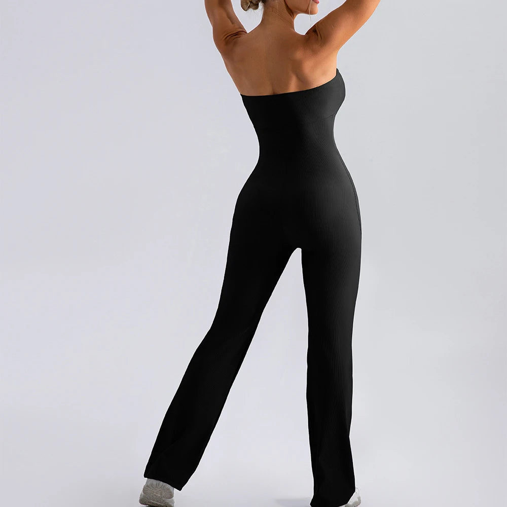Macacão bandeau sem alças de uma peça para mulheres, macacão esportivo de uma peça, fundo de sino com nervuras, bodysuit de ginástica, ombro a ombro, ioga e treino, 2024