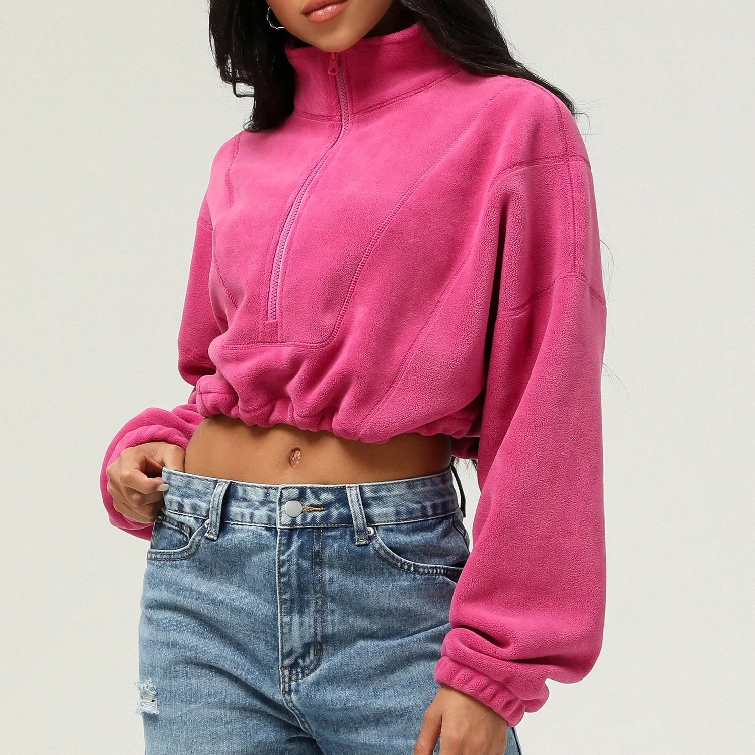 Jaqueta curta de lã com zíper completo feminino inverno quente manga longa gola sherpa casaco de colheita fitness correndo topo moletom casual
