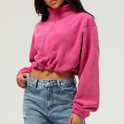 Jaqueta curta de lã com zíper completo feminino inverno quente manga longa gola sherpa casaco de colheita fitness correndo topo moletom casual