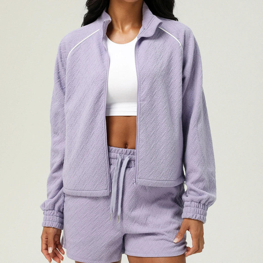 2 peças texturizadas ginásio ternos de fitness para mulheres confortáveis zip completo manga longa shorts sweatsuits yoga treino lounge conjuntos treino