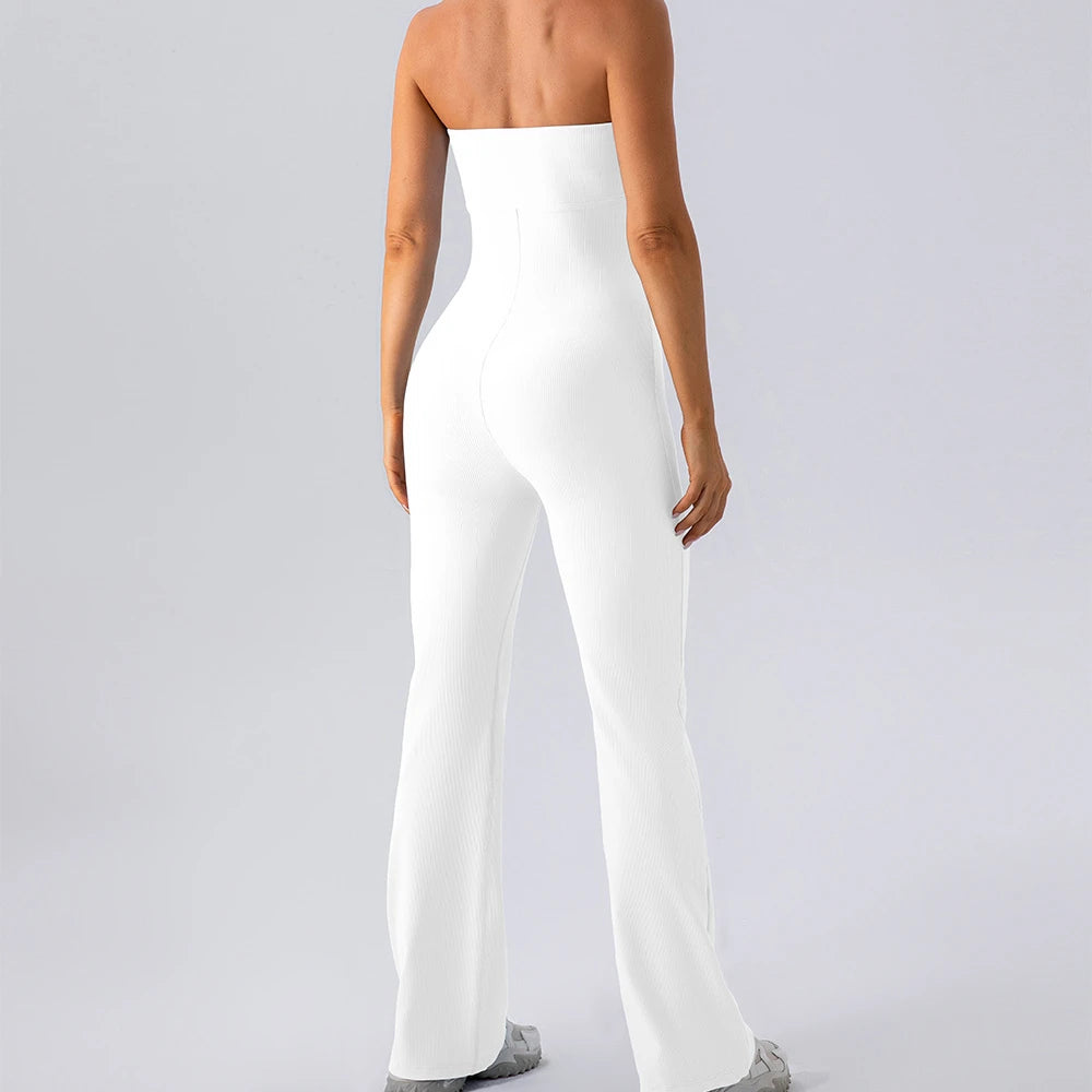 Macacão bandeau sem alças de uma peça para mulheres, macacão esportivo de uma peça, fundo de sino com nervuras, bodysuit de ginástica, ombro a ombro, ioga e treino, 2024