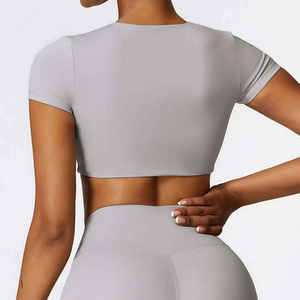 Mulher esportes topo em torno do pescoço yoga colheita topo de manga curta para fitness push up treino camiseta topos roupas de ginásio