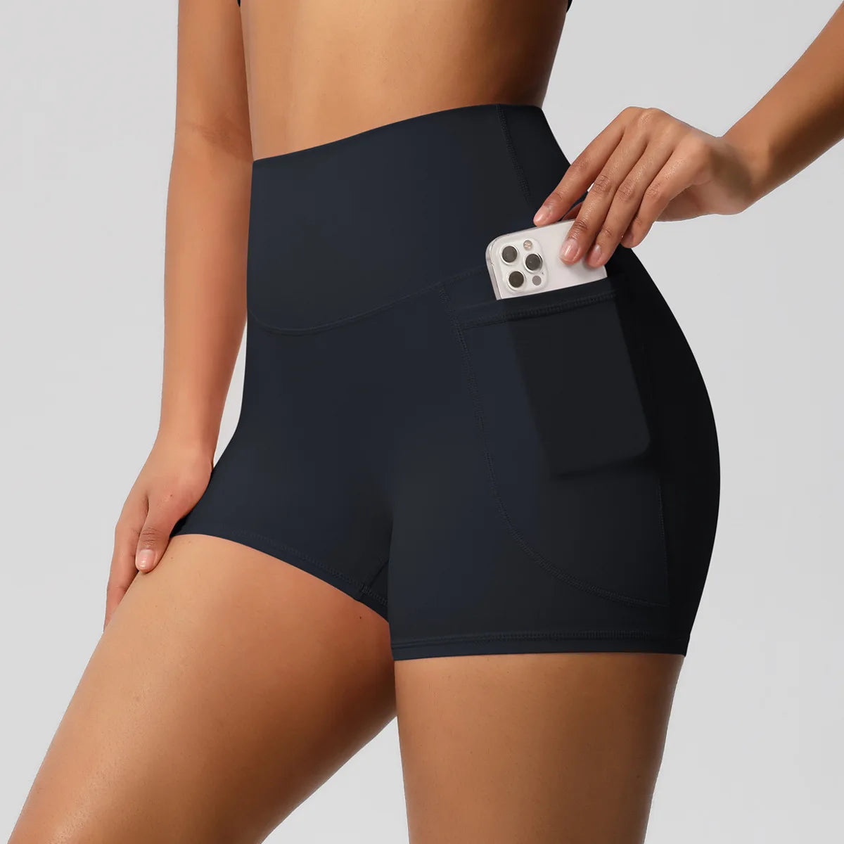 Shorts de treino com escova de ar com bolsos, feminino, 3 ", cintura alta, corrida, esportes, academia, fitness, verão, yoga, feminino