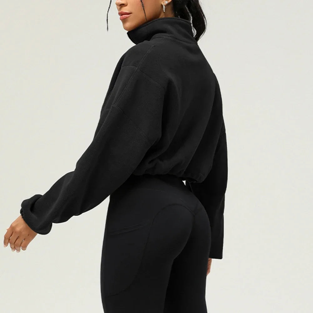 Jaqueta curta de lã com zíper completo feminino inverno quente manga longa gola sherpa casaco de colheita fitness correndo topo moletom casual