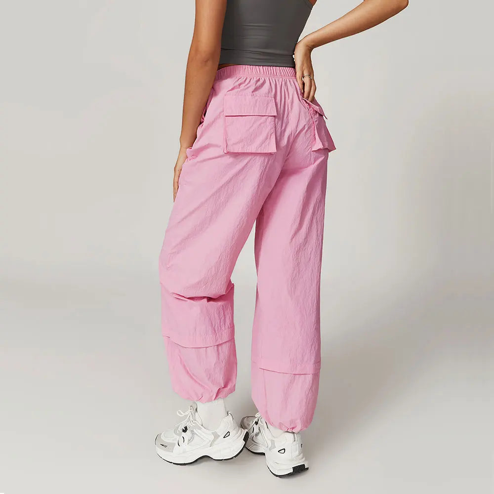 Calças de trabalho respiráveis à prova de vento calças de yoga femininas bolsos elásticos e soltos leggings correndo e calças esportivas casuais